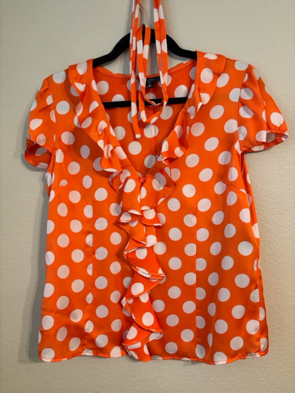 Nine West Orange & White Polka Dot Ruffle V-Neck Blouse | Women’s 8